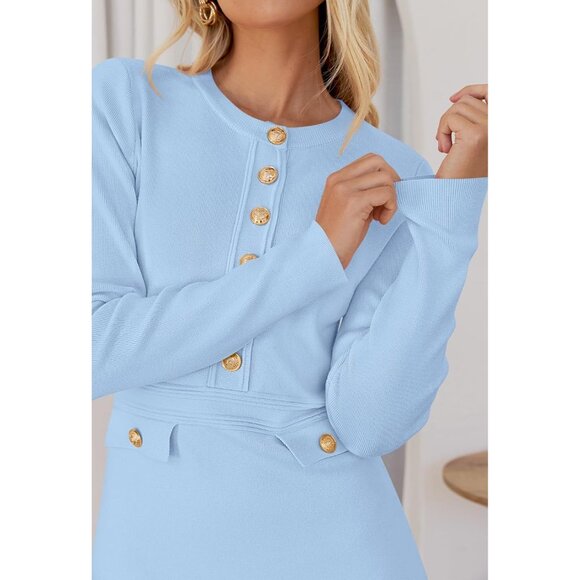 Merokeety Women's Light Blue Long Sleeve Sweater Button Crew Neck Mini Dresses - Picture 5 of 6